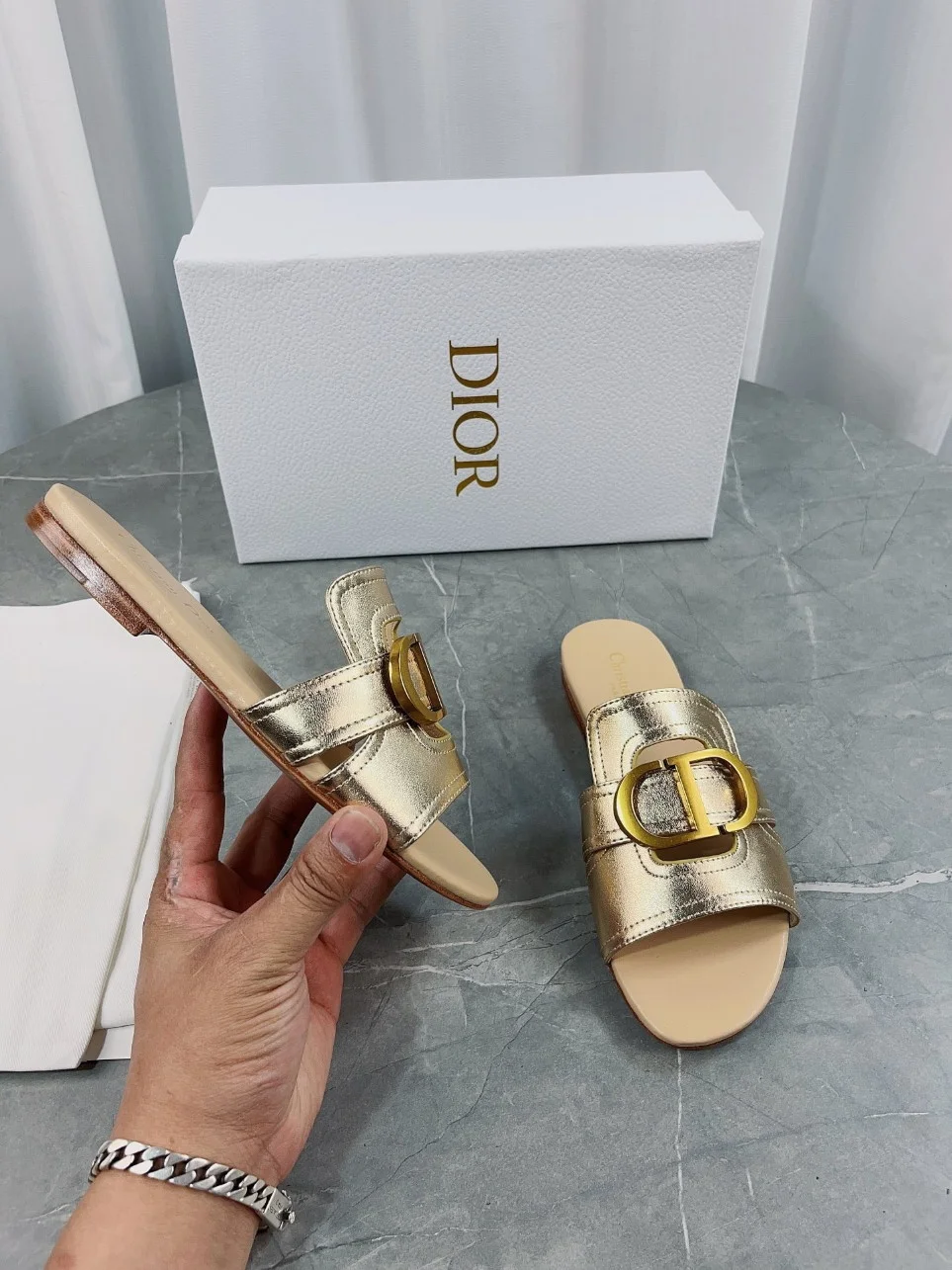 Dior 30 Montaigne Slides In Gold Metallic Calfskin product view 2