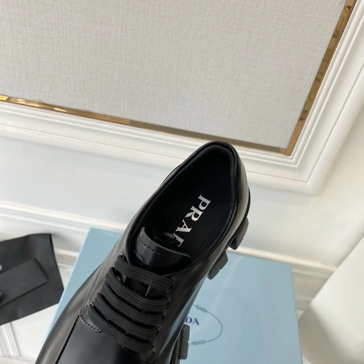 Prada Monolith Lace-up Loafers in Black Brushed Leather product view 3