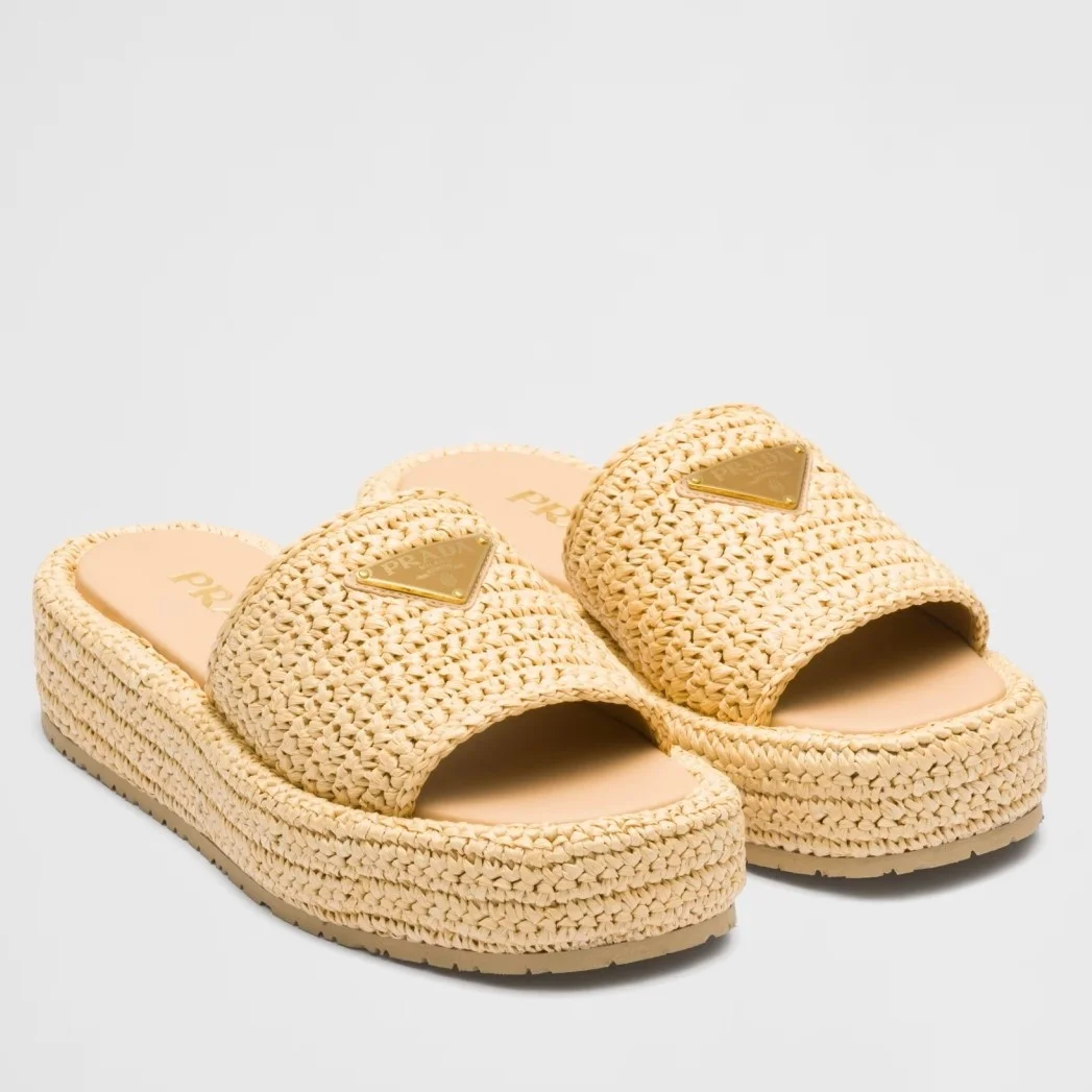Prada Crochet Flatform Slides in Beige Raffia-effect Yarn product view 1