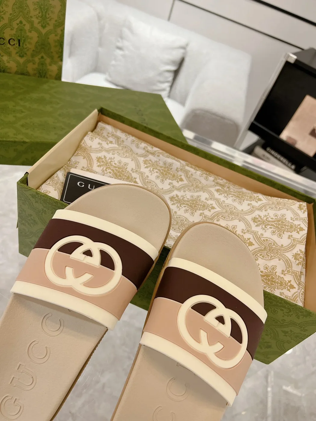 Gucci GG Logo Slide Sandals in Beige/Brown product view 5
