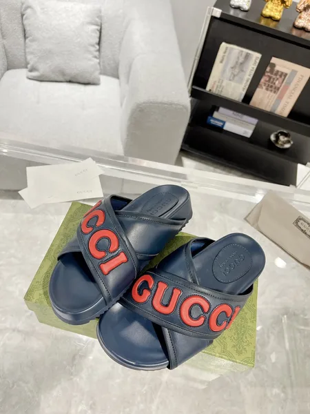 Gucci Cross-Strap Slide Sandals — Navy Blue with Red Logo product photo