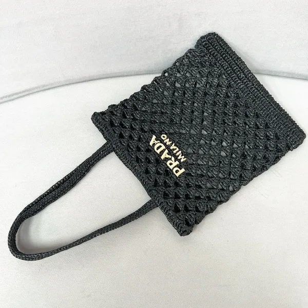 Prada Crochet Tote Bag in Black Raffia-effect Yarn product view 7
