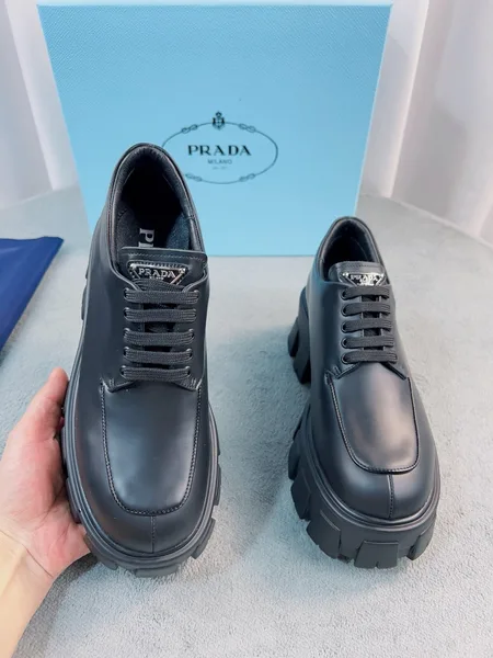 Prada Monolith Lace-up Shoes in Black Brushed Leather product view 2