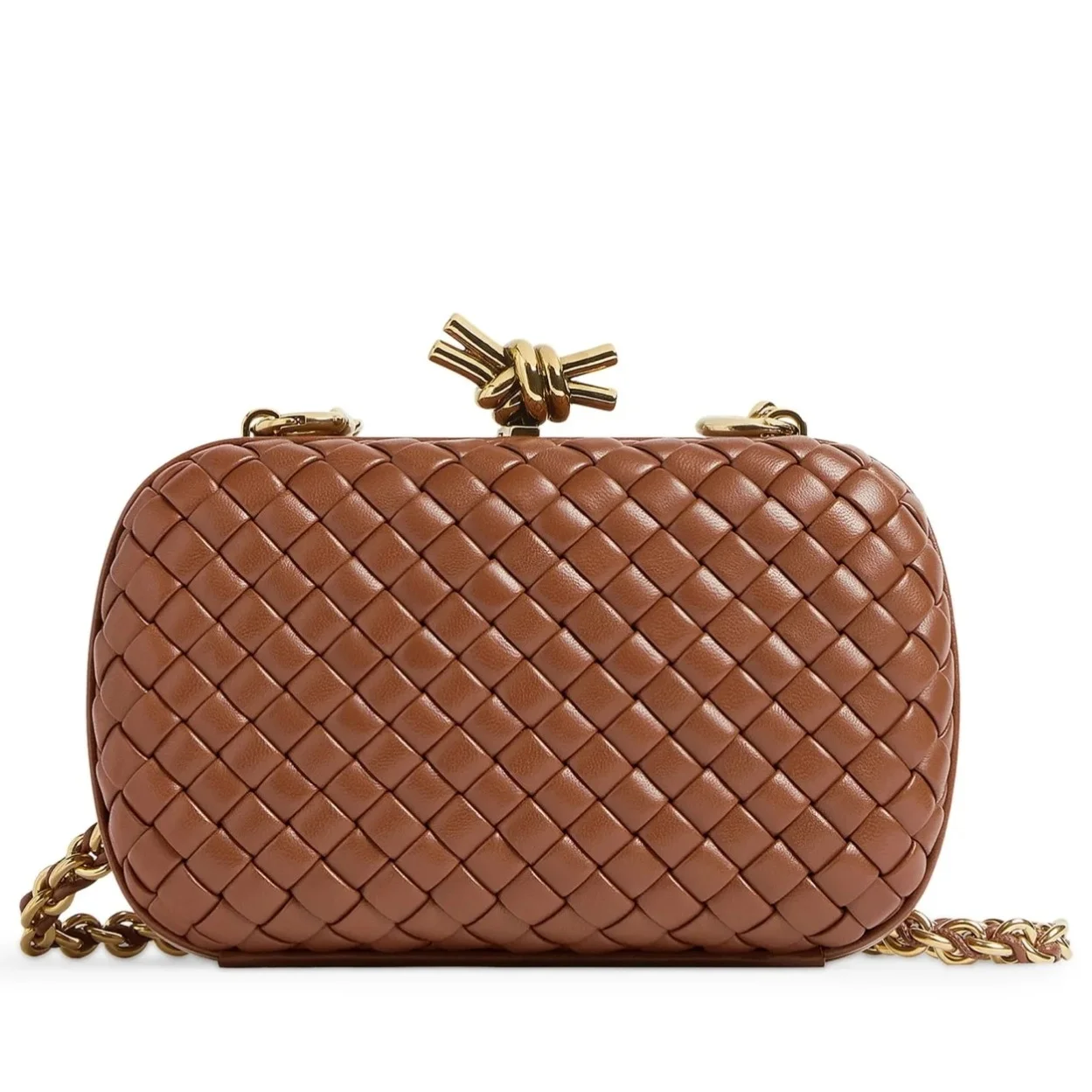 Bottega Veneta Knot Clutch with Chain in Brown Intrecciato Lambskin product view 1