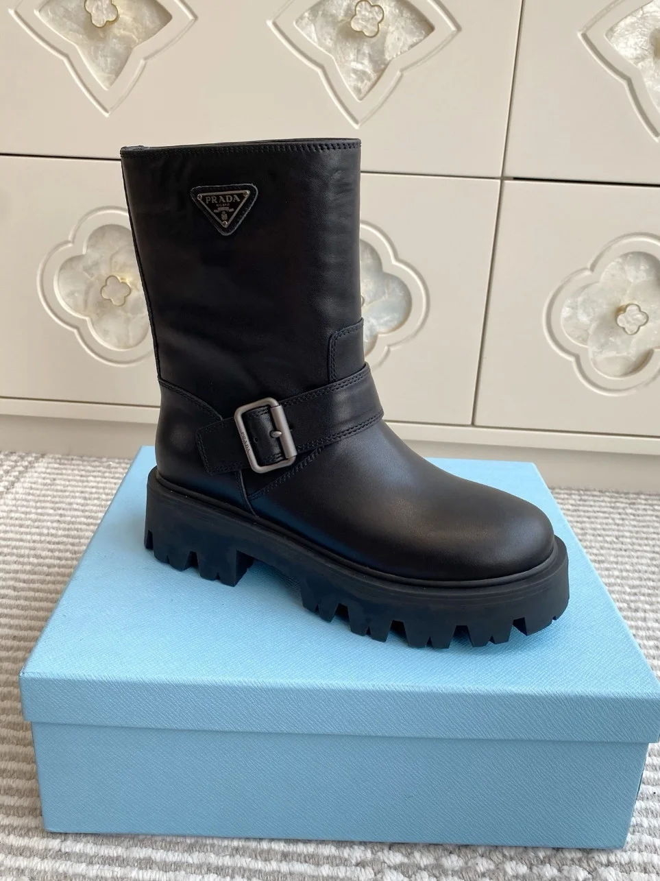 Prada Biker Boots in Black Calfskin product view 3