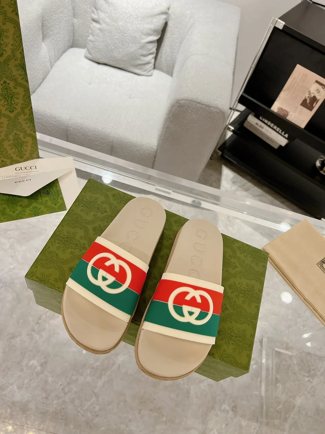 Gucci Slide Sandals, Beige/Red/Green product view 2