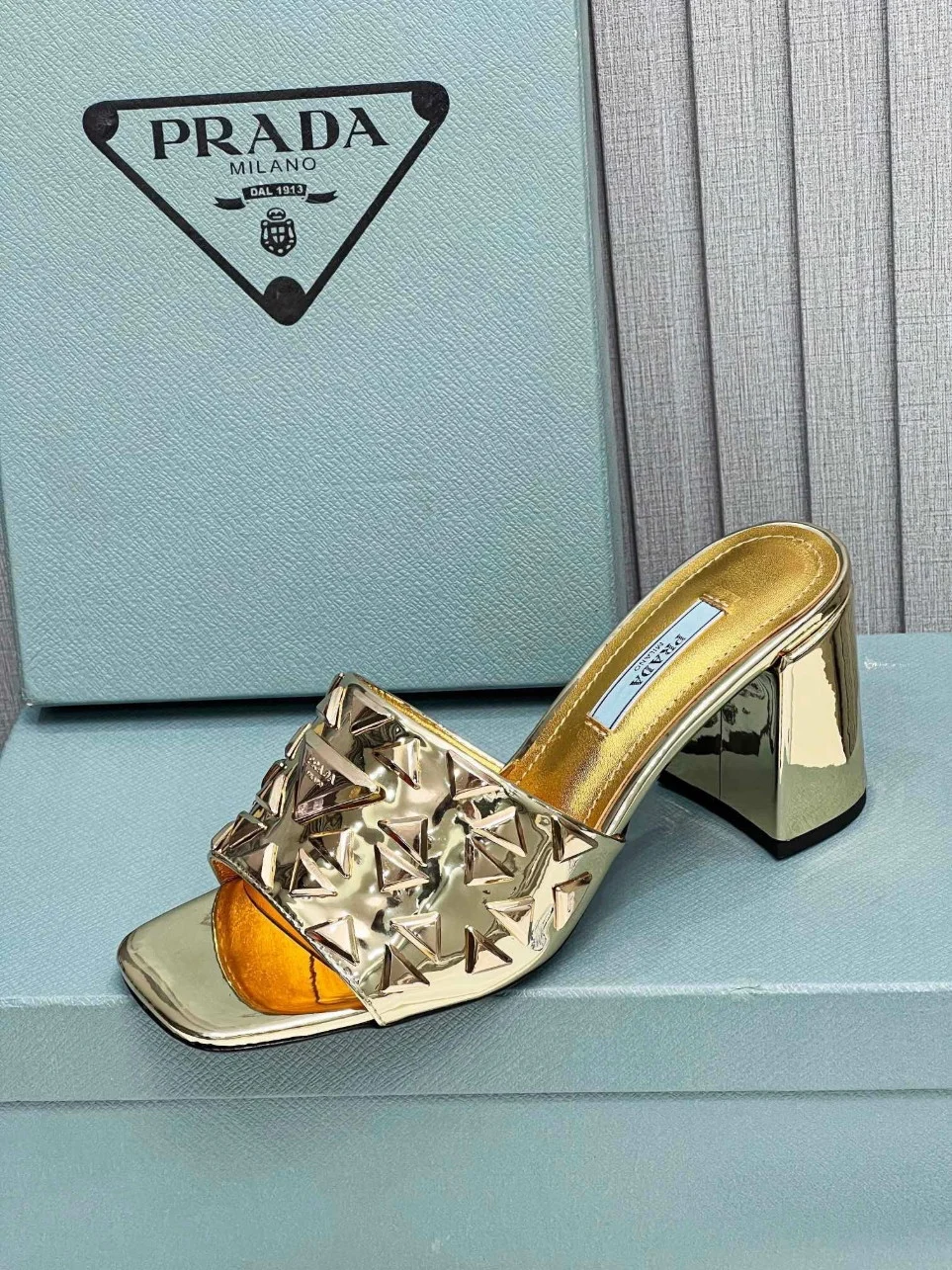 Prada Heeled Slide Sandals 65mm In Gold Metallic Leather product view 8