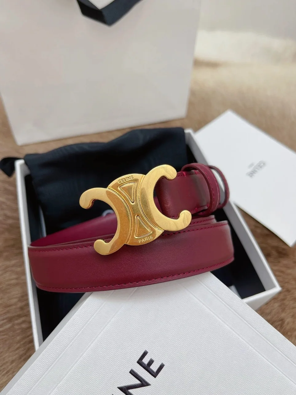 Celine Medium Triomphe Belt 25MM in Bordeaux Calfskin product view 2
