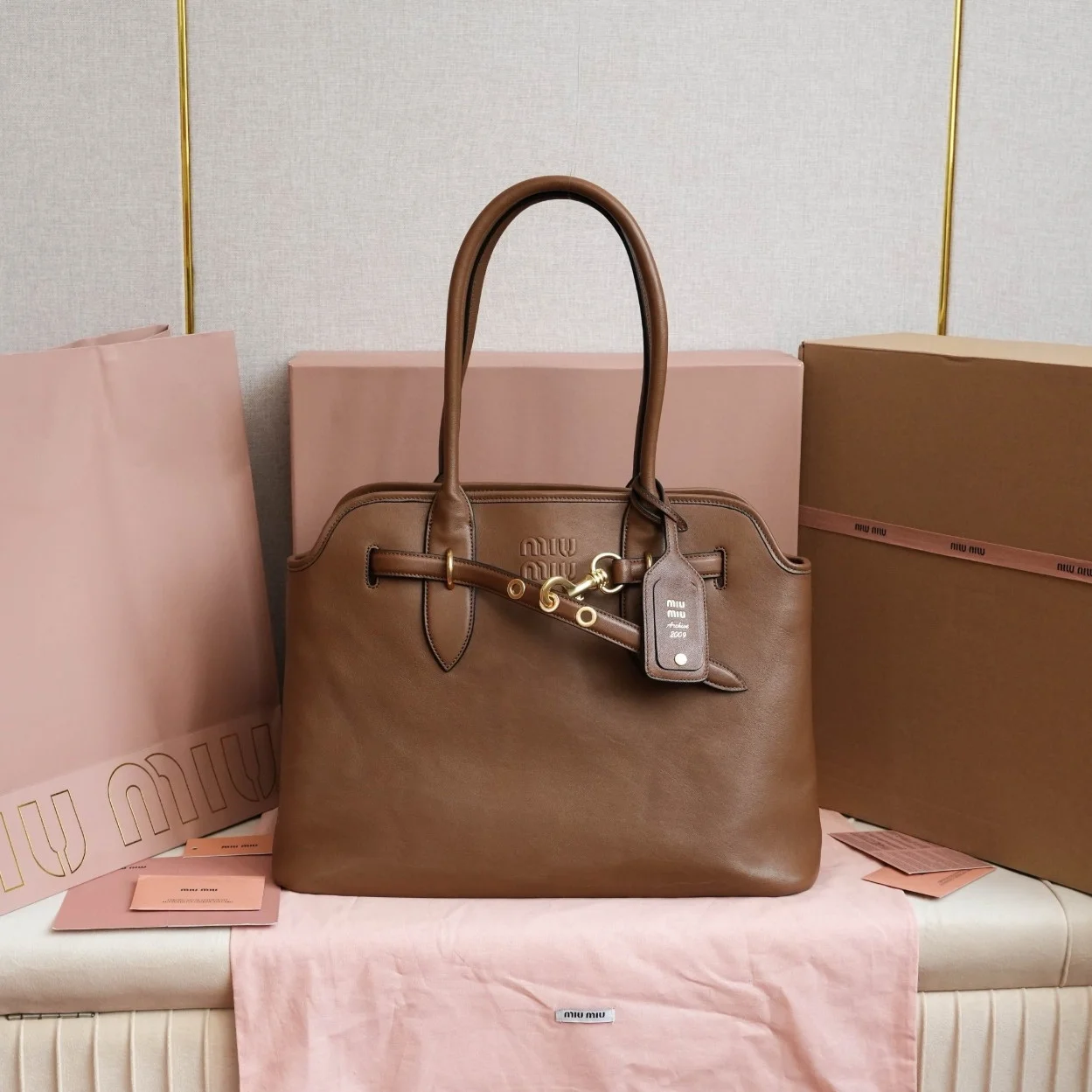 Miu Miu Aventure Large Shopper Bag in Brown Nappa Leather product view 3