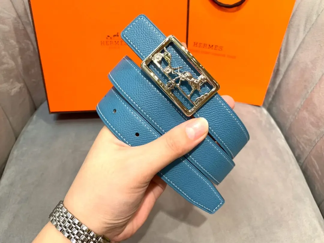 Hermès Blue/Taupe Reversible Belt with Silver-Tone Horse-and-Carriage Buckle product view 4