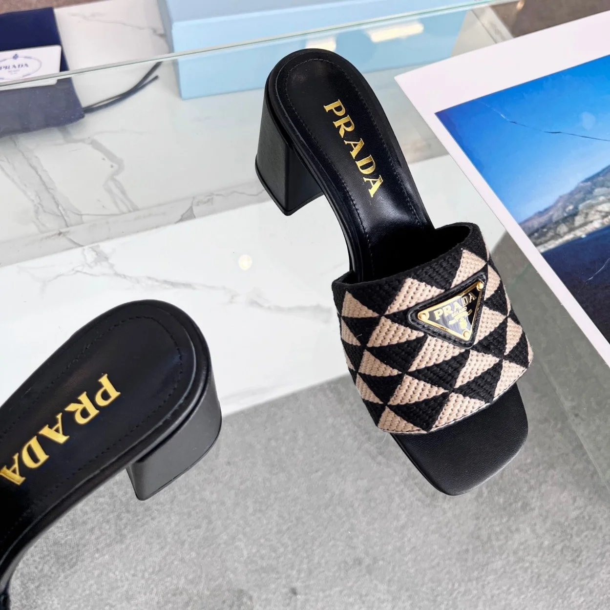 Prada Heeled Slide Sandals 65mm in Black and Beige Fabric product view 9