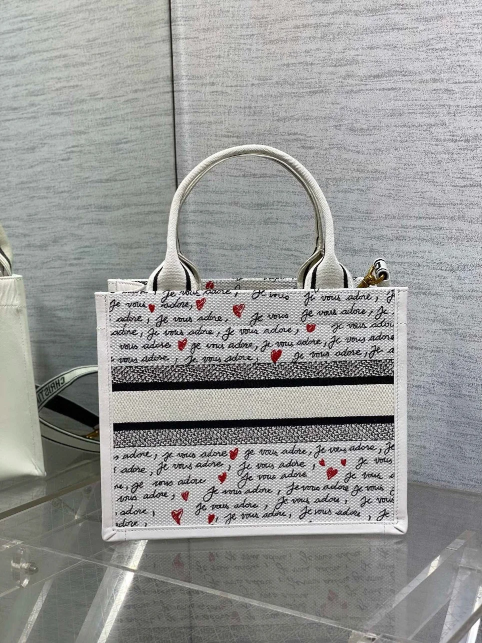 Dior Dioramour Small Book Tote Bag with Strap in Je Vous Adore Embroidery and White Calfskin product view 4