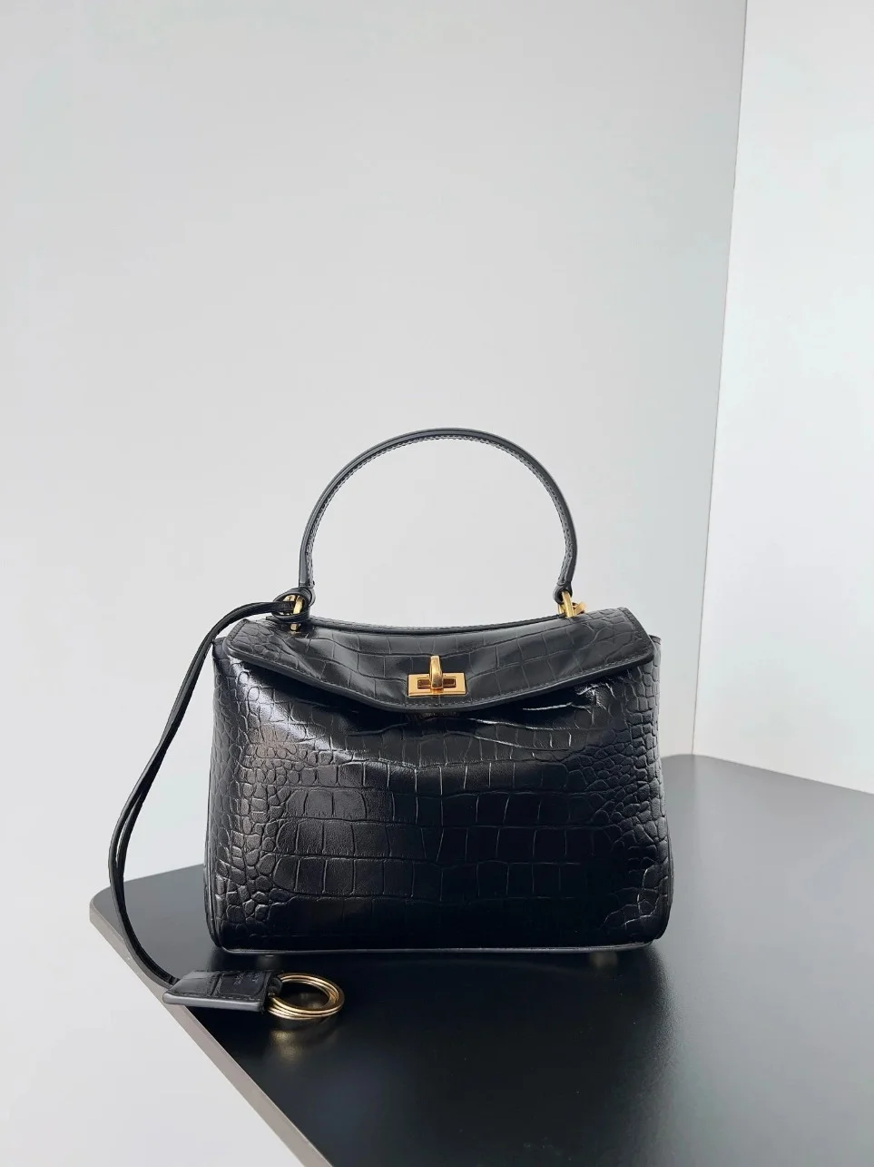 Balenciaga Rodeo Mini Bag in Black Croc-Embossed Calfskin product view 4