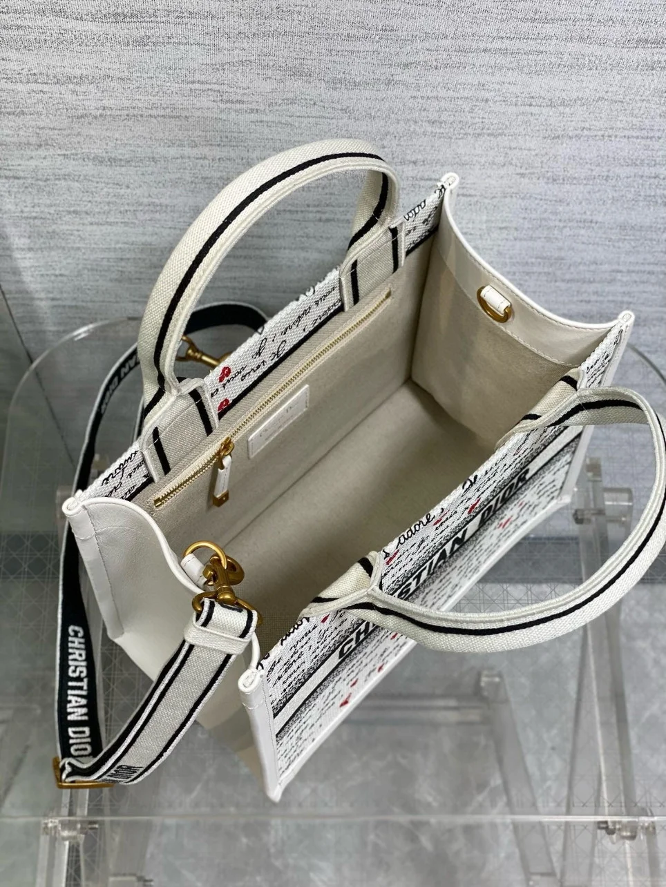 Dior Dioramour Small Book Tote Bag with Strap in Je Vous Adore Embroidery and White Calfskin product view 10