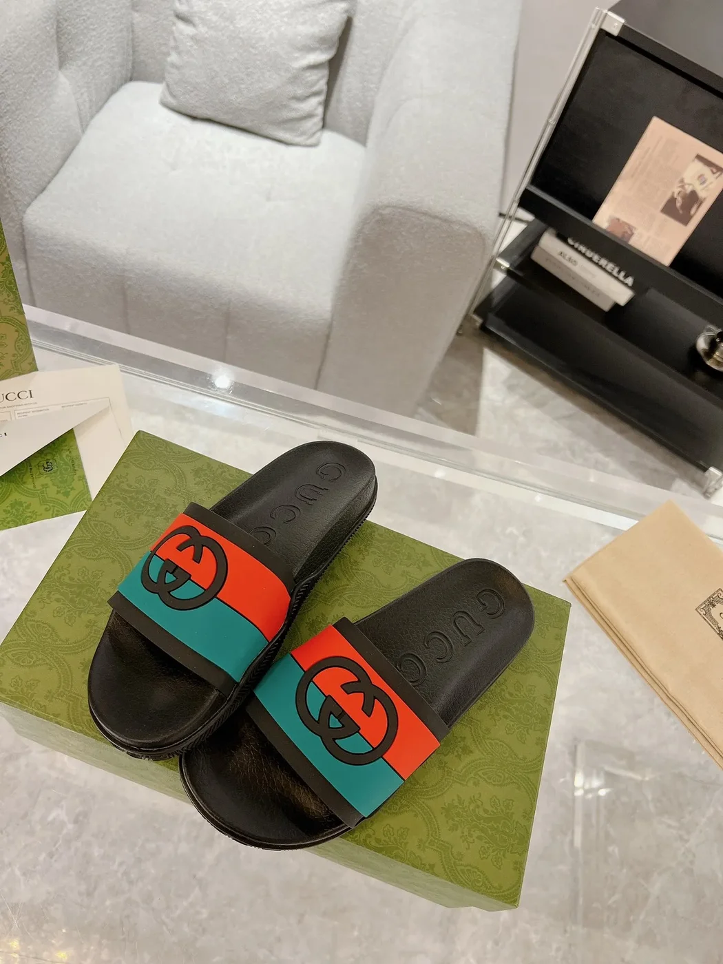 Gucci Slide Sandals Black Green Red product view 1