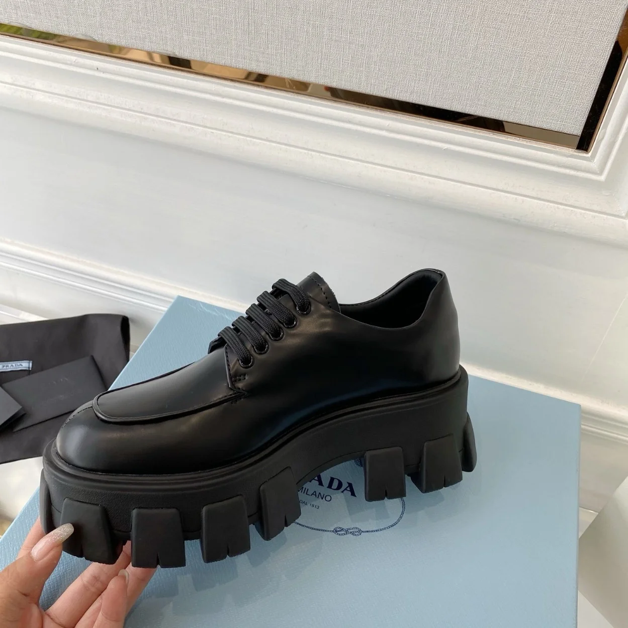 Prada Monolith Lace-up Loafers in Black Brushed Leather product view 2