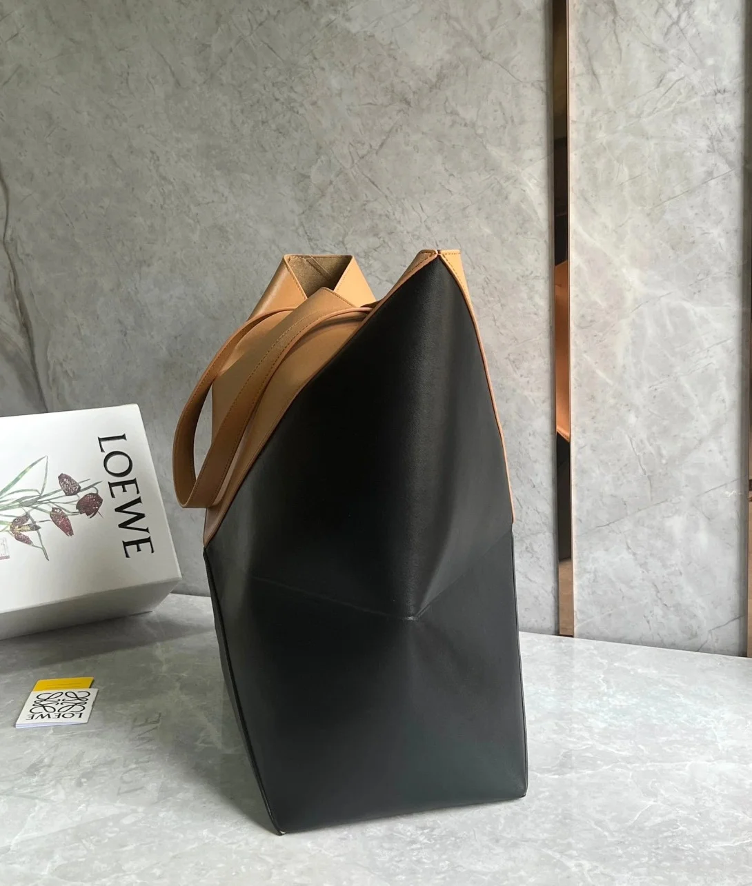 Loewe Large Puzzle Fold Tote Bag in Tan and Black Calfskin product view 4