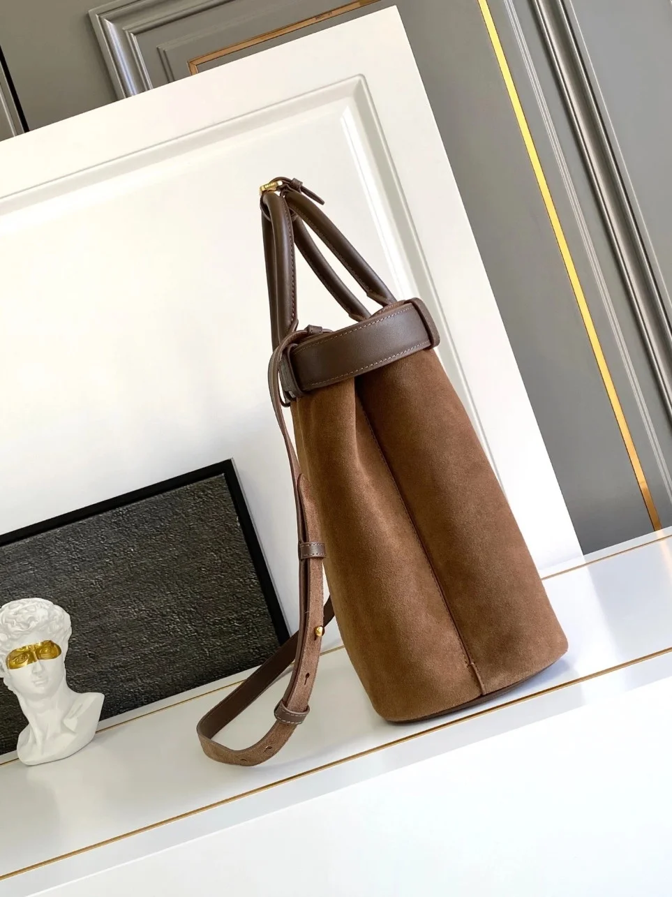 Prada Buckle Large Handbag with Belt in Cocoa Suede Calfskin product view 8