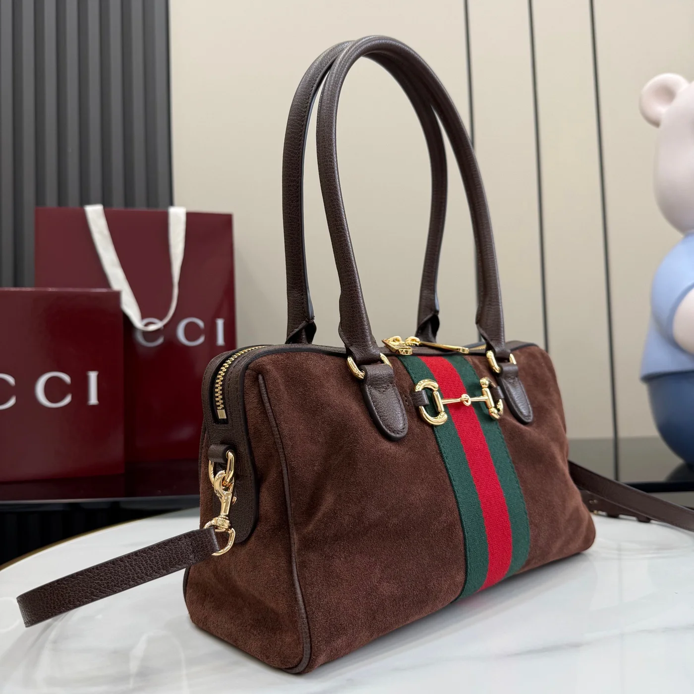 Gucci Borsetto Medium Boston Bag — Brown Suede product view 2
