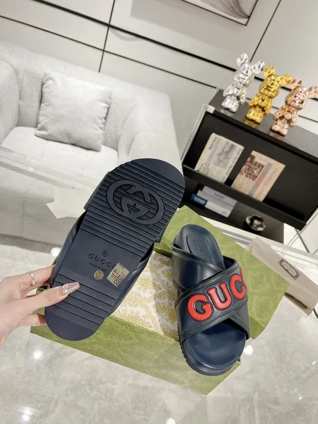 Gucci Cross-Strap Slide Sandals — Navy Blue with Red Logo product view 9