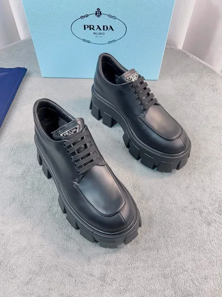 Prada Monolith Lace-up Shoes in Black Brushed Leather product view 5