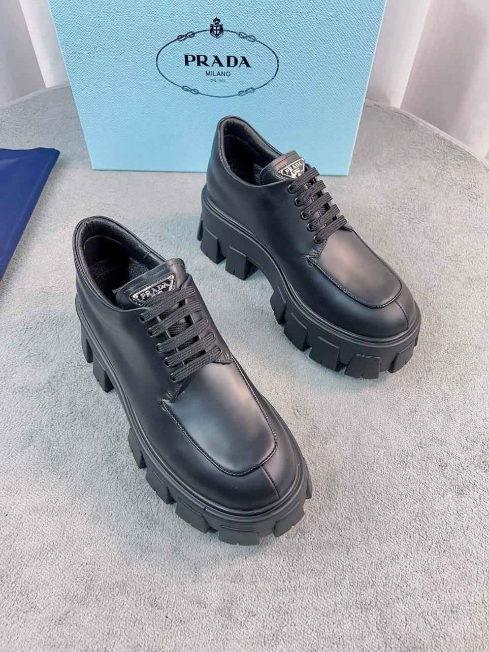 Prada Monolith Lace-up Shoes in Black Brushed Leather product view 5