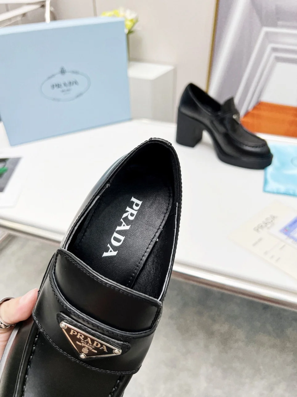 Prada Chocolate High-heeled Loafers In Black Brushed Leather product view 7