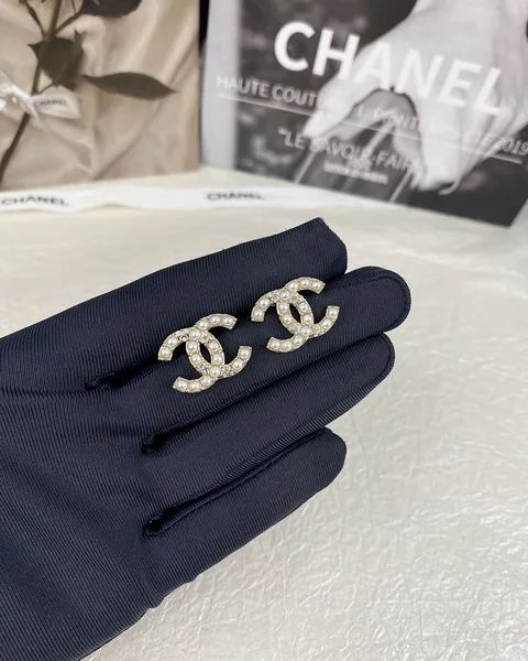 Chanel Pearl-Effect Pavé CC Stud Earrings Gold-Tone product view 2