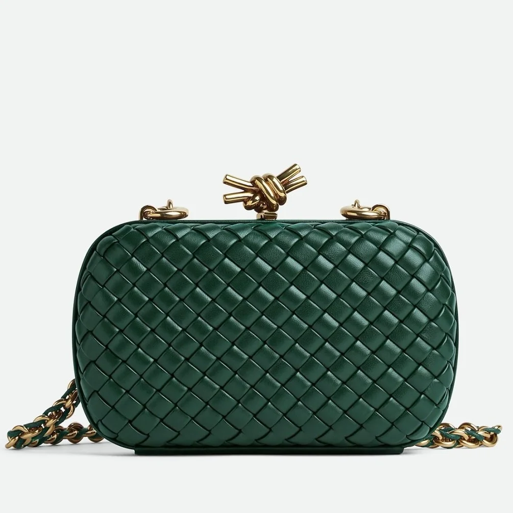 Bottega Veneta Knot Clutch with Chain in Green Intrecciato Lambskin product view 1