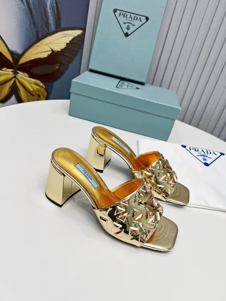 Prada Heeled Slide Sandals 65mm In Gold Metallic Leather product view 5