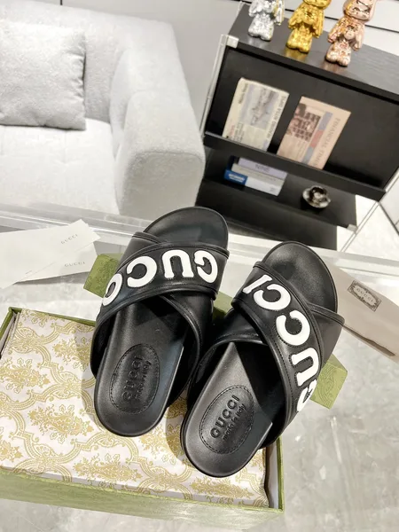 Gucci Cross-Strap Slide Sandals — Black with White Logo product view 3