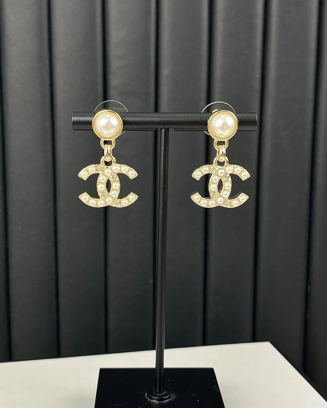 Chanel Pearl-Effect Pavé CC Drop Earrings Gold-Tone product view 3