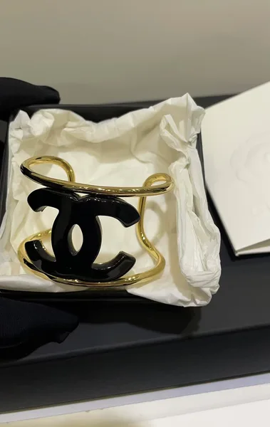 Chanel Wide Enamel CC Open Cuff Black and Gold-Tone product view 2