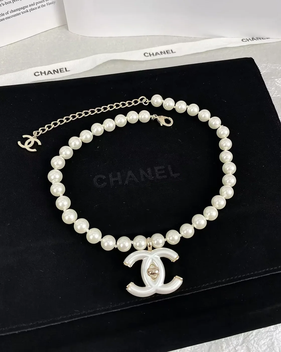 Chanel White CC Pearl-Effect Choker Necklace White and Gold-Tone product view 1