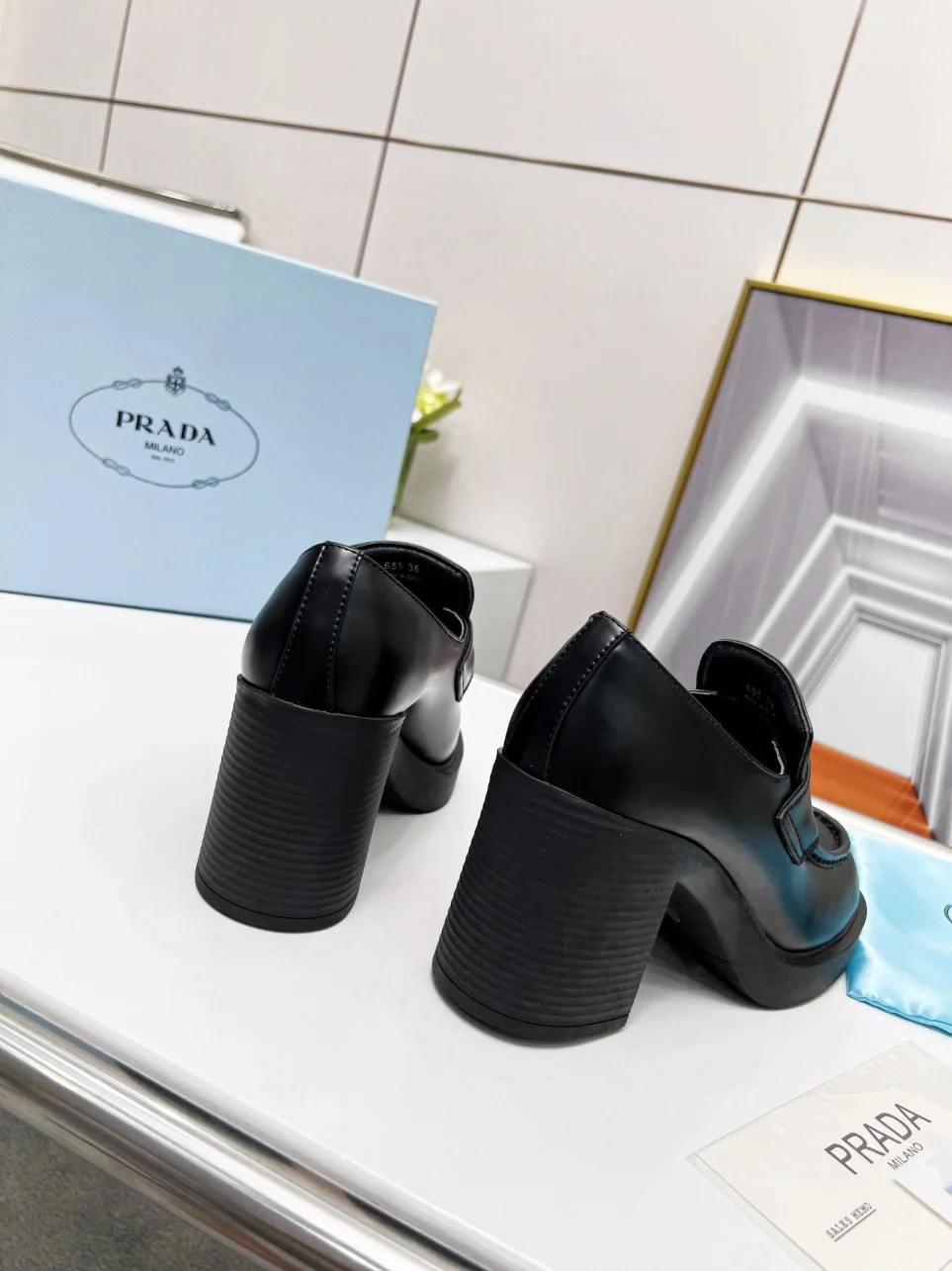 Prada Chocolate High-heeled Loafers In Black Brushed Leather product view 5