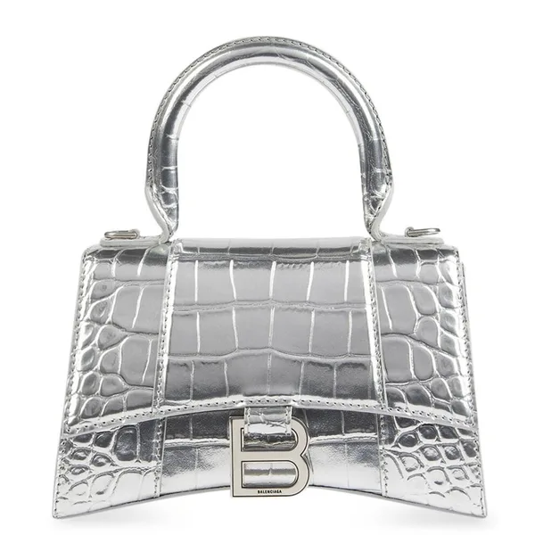 Balenciaga Hourglass XS Bag in Silver Croc-Embossed Calfskin product photo