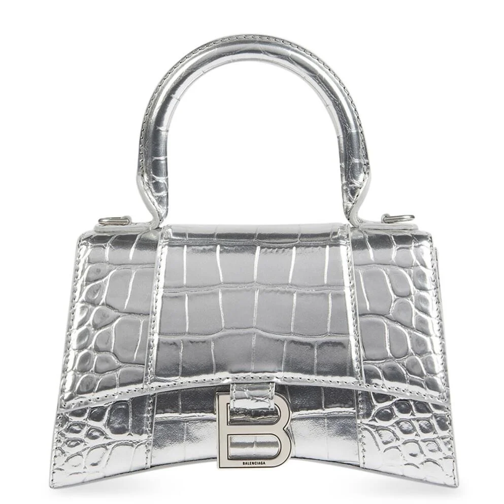 Balenciaga Hourglass XS Bag in Silver Croc-Embossed Calfskin product view 1