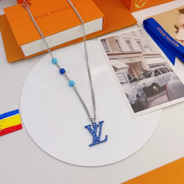 Louis Vuitton Dotted LV Monogram Bead Necklace Silver-Tone with Blue Beads product view 3