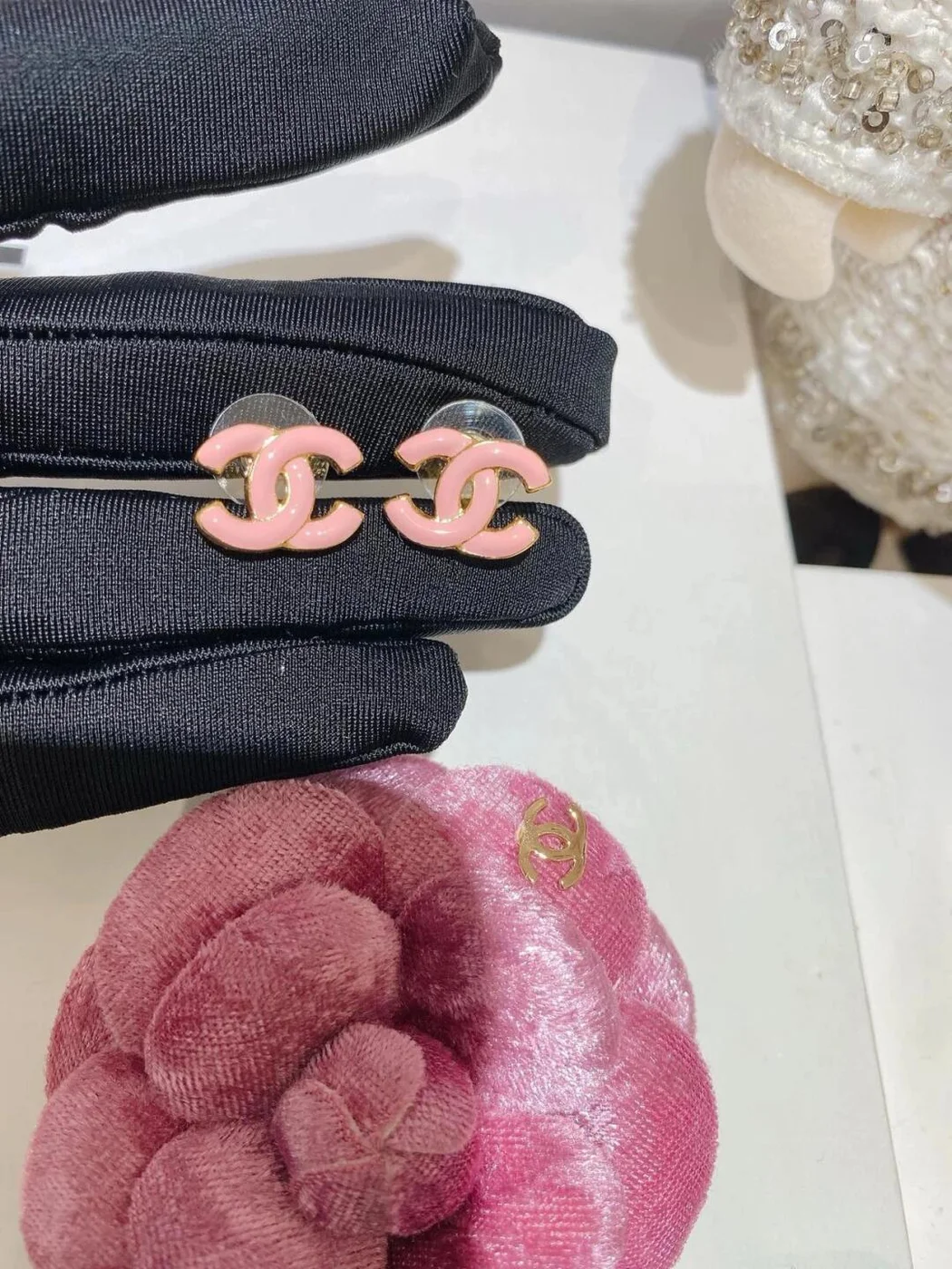 Chanel Enamel CC Stud Earrings Pink and Gold-Tone product view 2