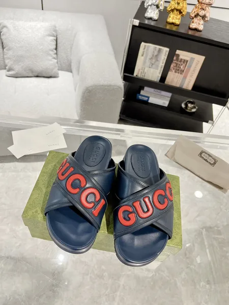 Gucci Cross-Strap Slide Sandals — Navy Blue with Red Logo product view 2