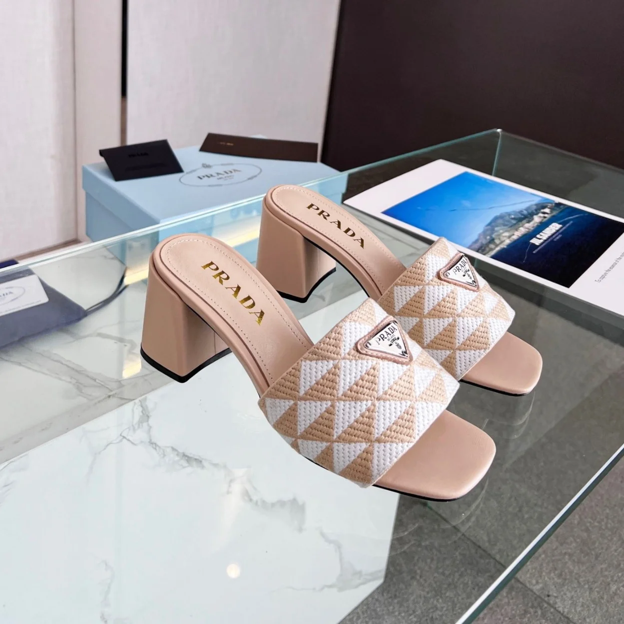 Prada Heeled Slide Sandals 65mm in Beige and White Fabric product view 4