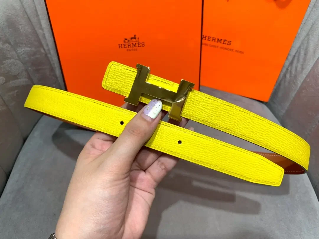 Hermès Yellow/Brown Reversible Belt with Gold-Tone Wide H Buckle product view 4