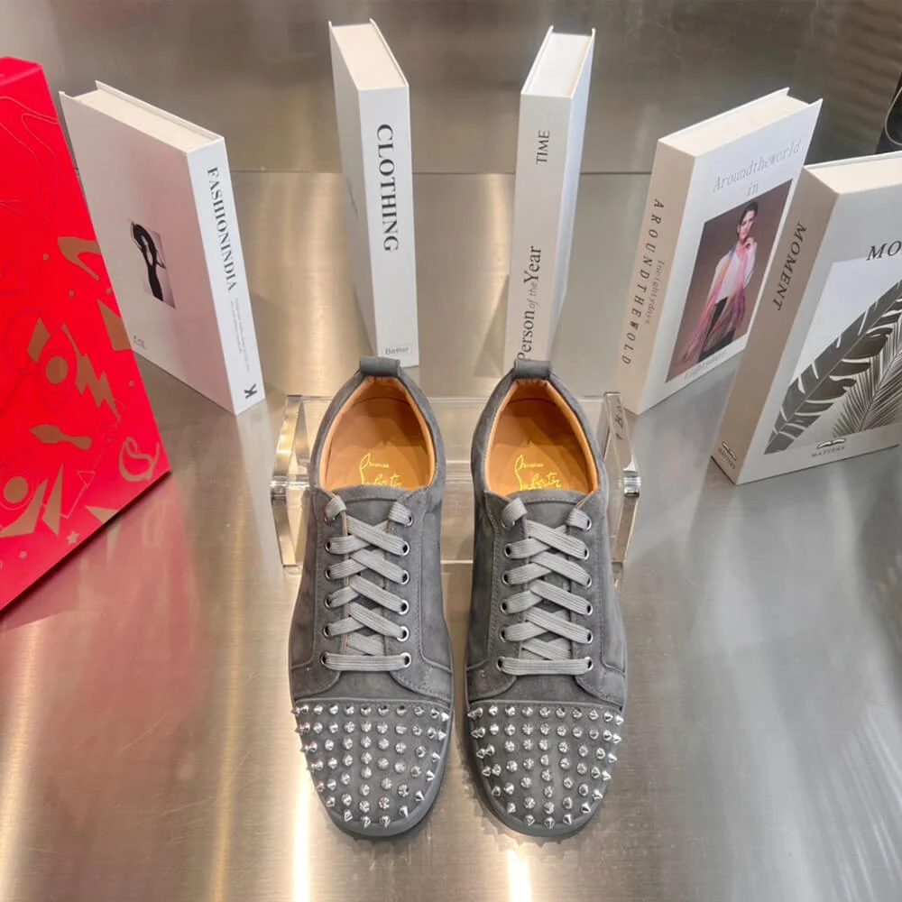 Christian Louboutin Louis Junior Spikes Suede-Effect Sneakers Grey product view 3