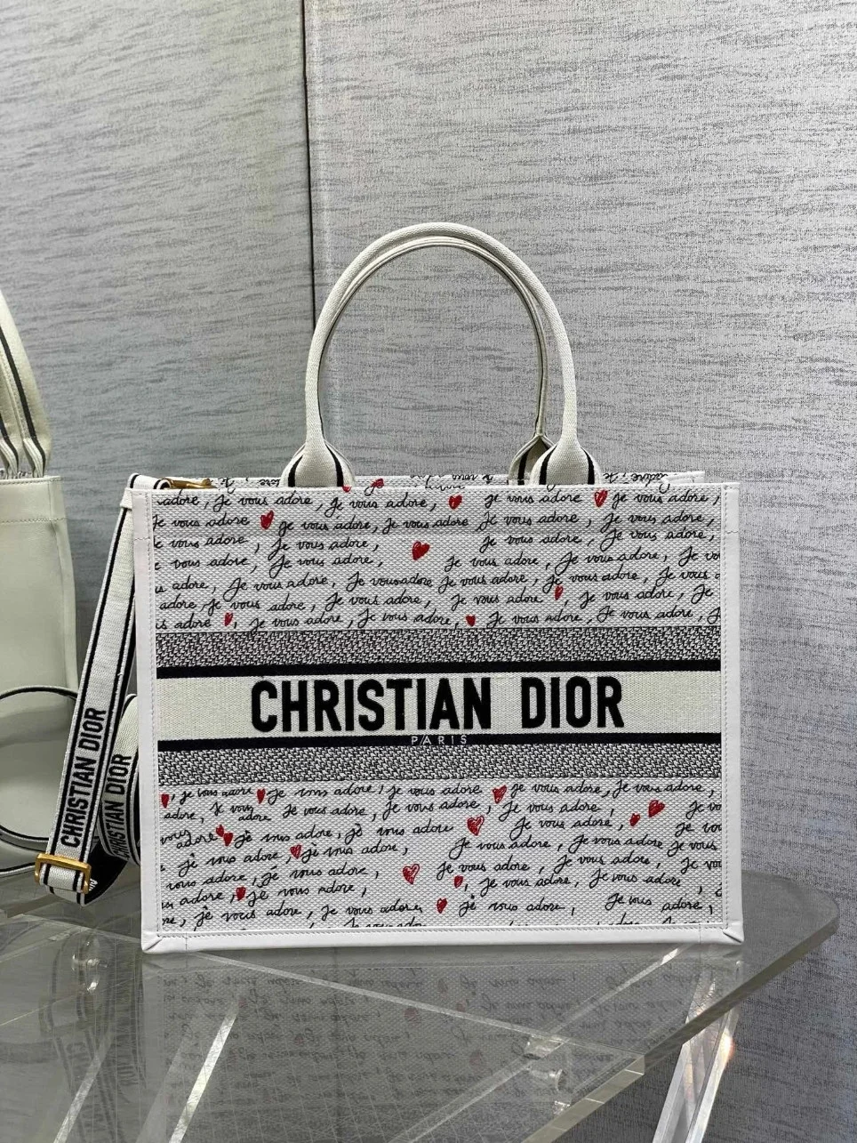Dior Dioramour Medium Book Tote Bag with Strap in Je Vous Adore Embroidery and White Calfskin product view 10