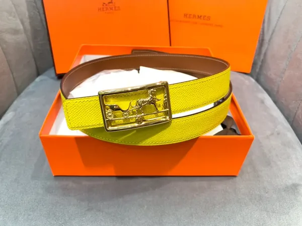 Hermès Yellow/Brown Reversible Belt with Gold-Tone Horse-and-Carriage Buckle product view 3
