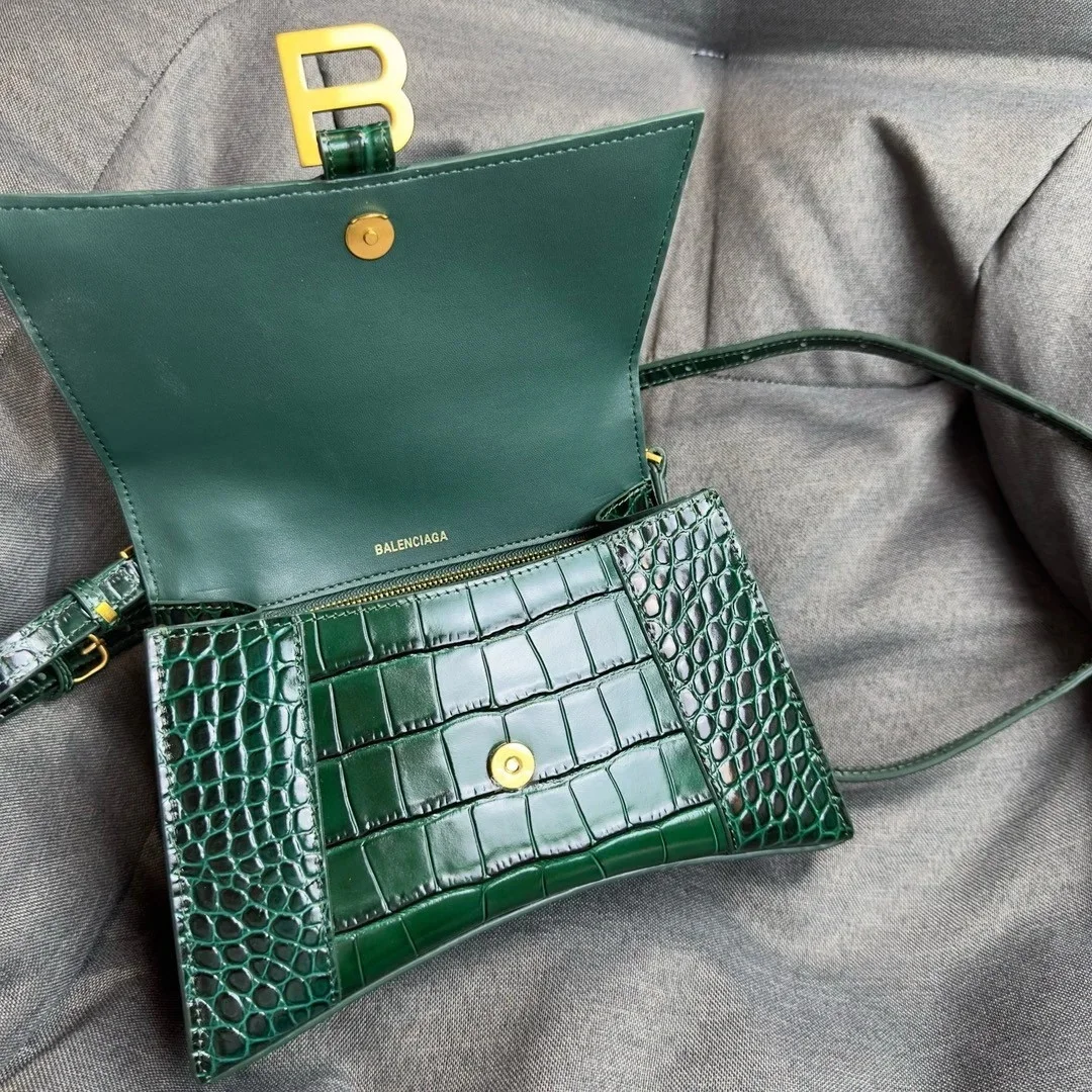 Balenciaga Hourglass Small Bag in Green Croc-Embossed Calfskin product view 9