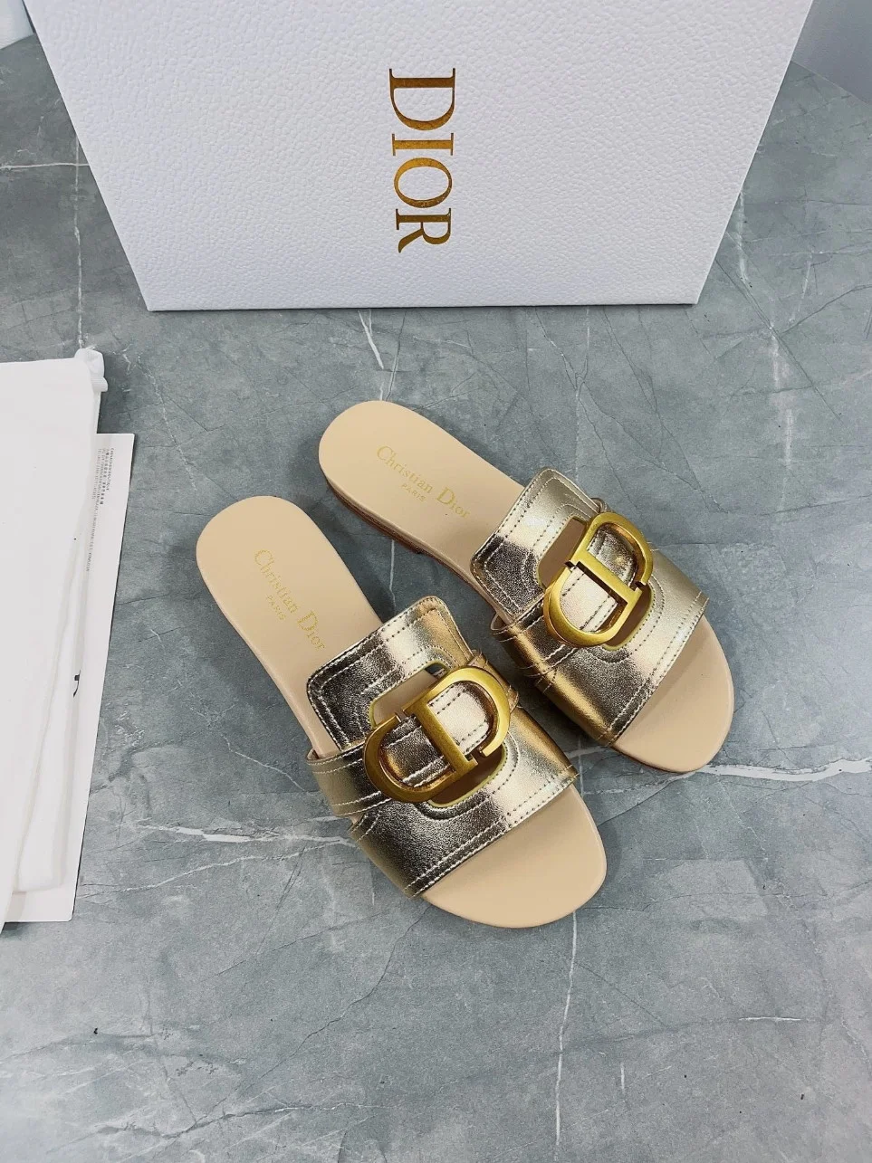 Dior 30 Montaigne Slides In Gold Metallic Calfskin product view 7