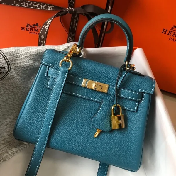 Hermes Kelly 20cm Bag In Blue Jean Clemence Leather GHW product photo