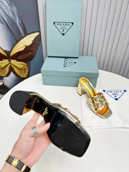 Prada Heeled Slide Sandals 65mm In Gold Metallic Leather product view 6