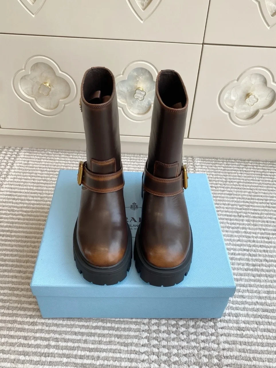 Prada Biker Boots in Dark Brown Calfskin product view 7